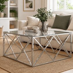 Modern Coffee Table with Tempered Glass Top and Steel Frame