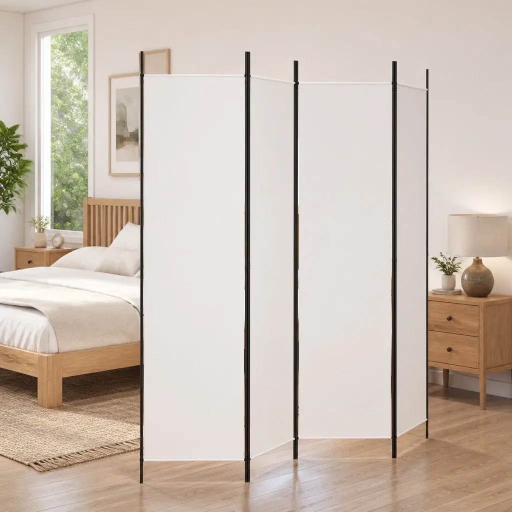 4-Panel White Fabric Room Divider Screen