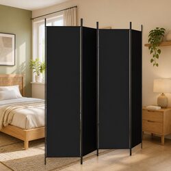 Durable 4-Panel Foldable Room Divider in Black Fabric