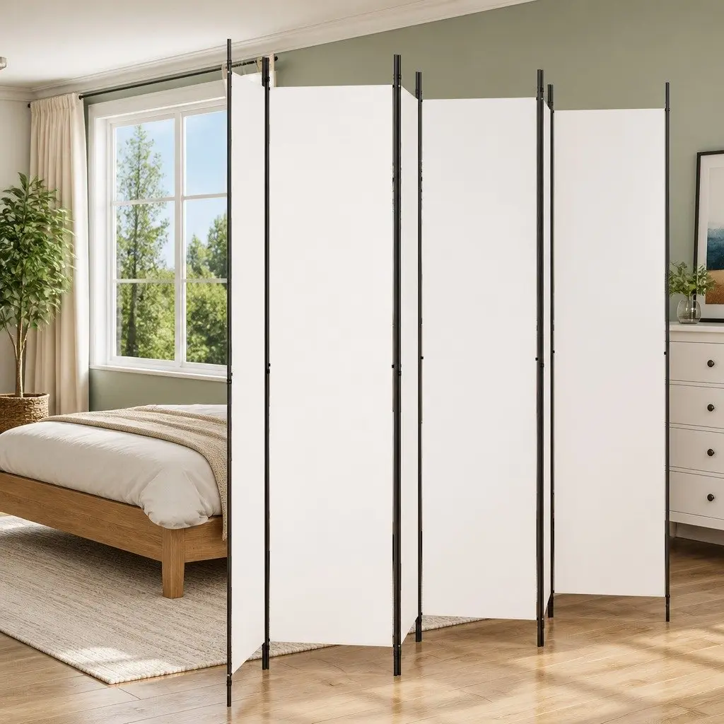 6-Panel Folding Screen Room Divider in White Fabric