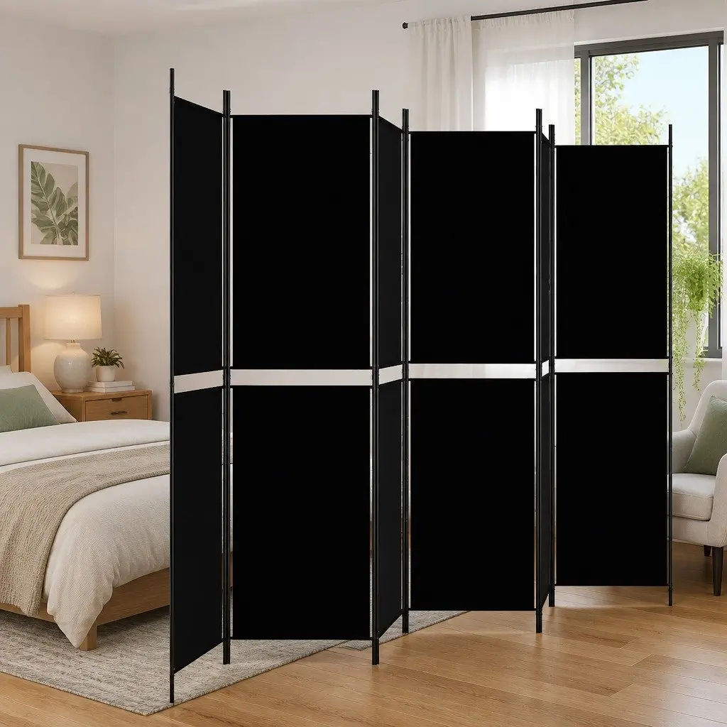 6-Panel Black Folding Room Divider with Durable Fabric