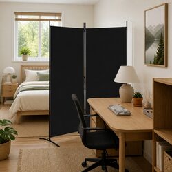 2-Panel Room Divider Screen 175x180cm Black Fabric Folding Privacy Partition