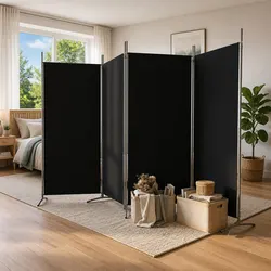 4-Panel Foldable Room Divider in Black Fabric 346x180cm