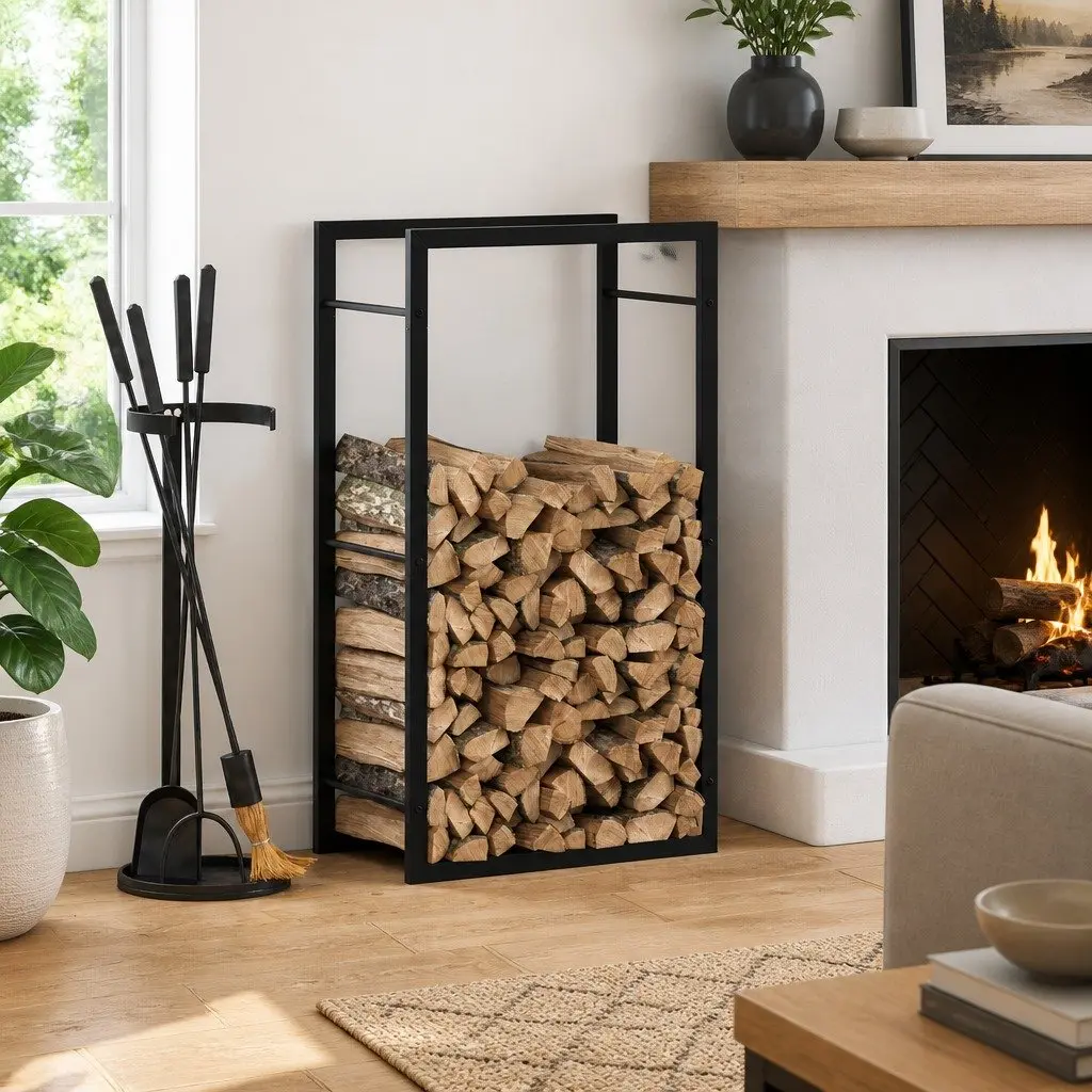 Black Steel Firewood Rack for Log Storage 50x28x94cm