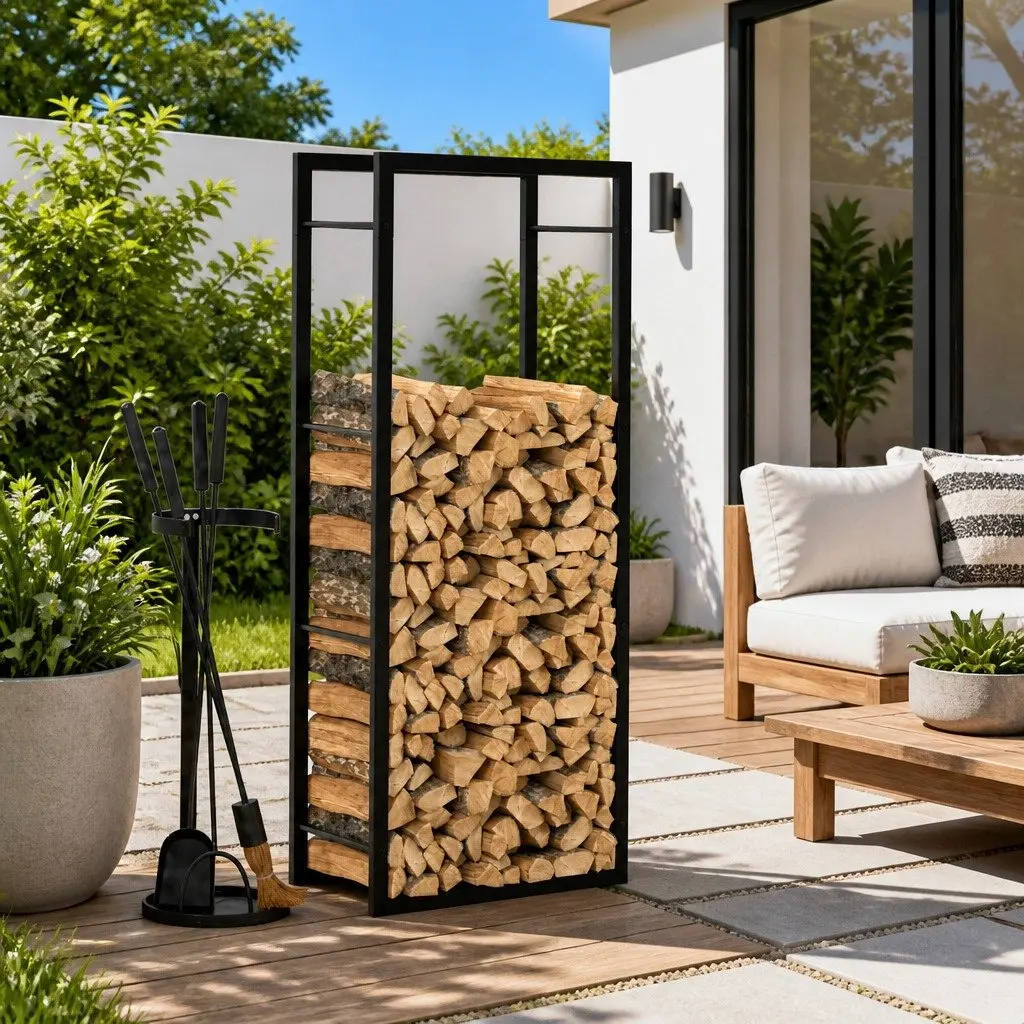 Log Rack Firewood Storage Holder Black Powdered Steel 50 x 28 x 132 cm