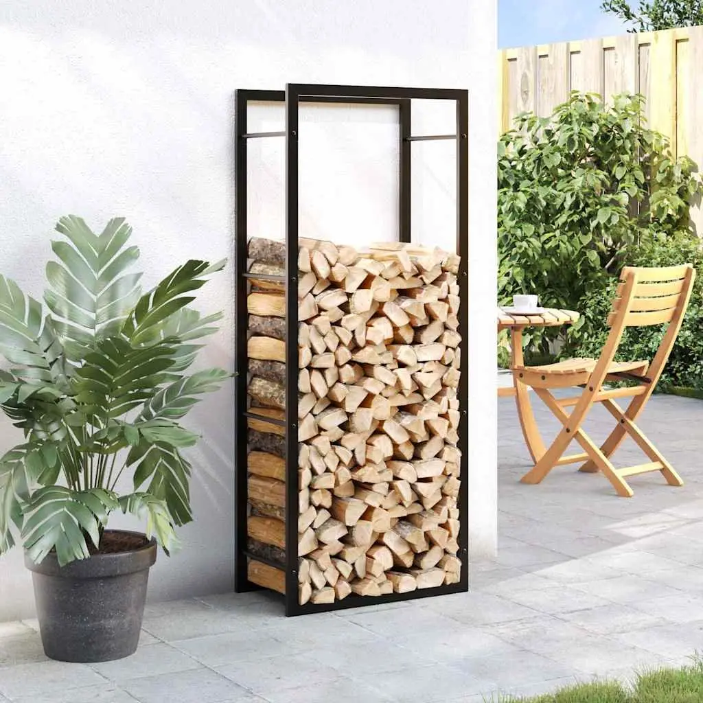 Log Rack Firewood Storage Holder Black Powdered Steel 50 x 28 x 132 cm