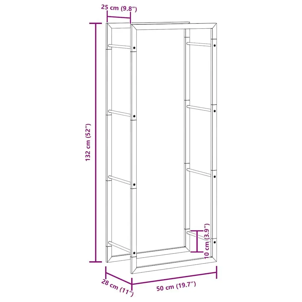 Log Rack Firewood Storage Holder Black Powdered Steel 50 x 28 x 132 cm
