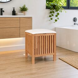 Solid Wood Bathroom Stool with Cushion and Storage - Brown