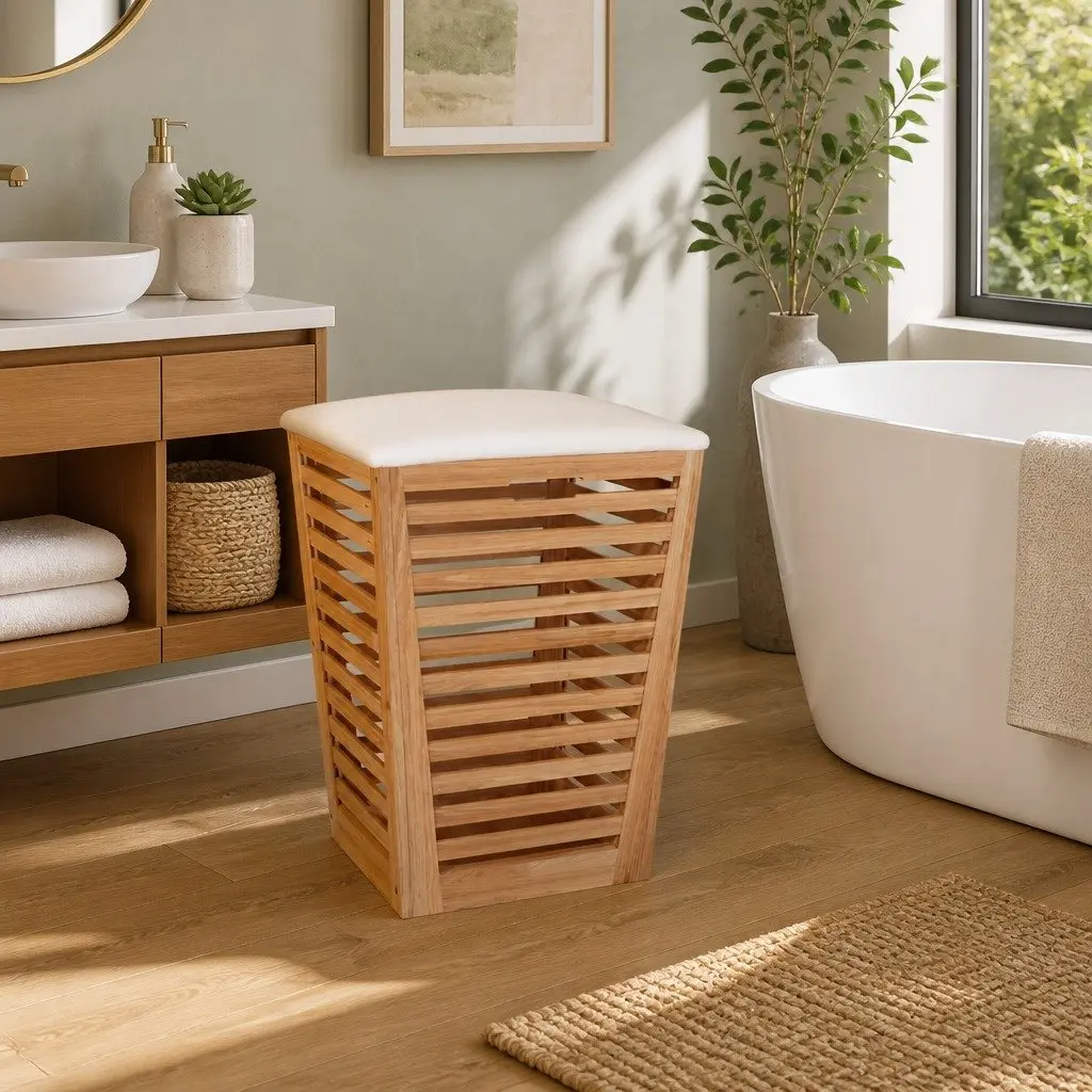 Wooden Bathroom Storage Stool with Cushion Lid