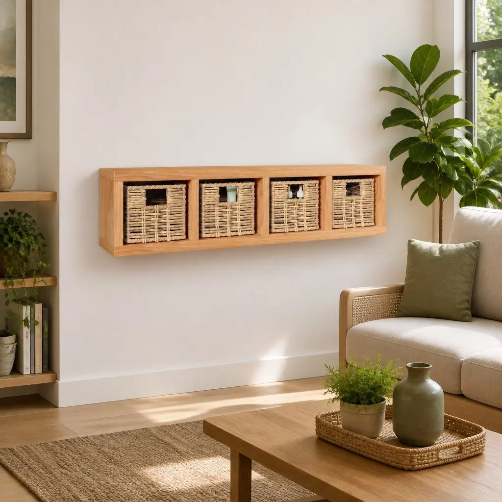 Solid Wood Wall Shelf with Removable Baskets, 62x18x16 cm