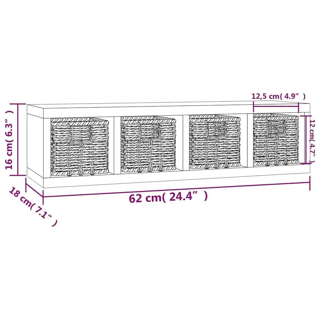 Solid Wood Wall Shelf with Removable Baskets, 62x18x16 cm