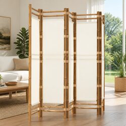 Room Divider 5-Panel Folding Privacy Screen Bamboo Canvas Cream 200cm