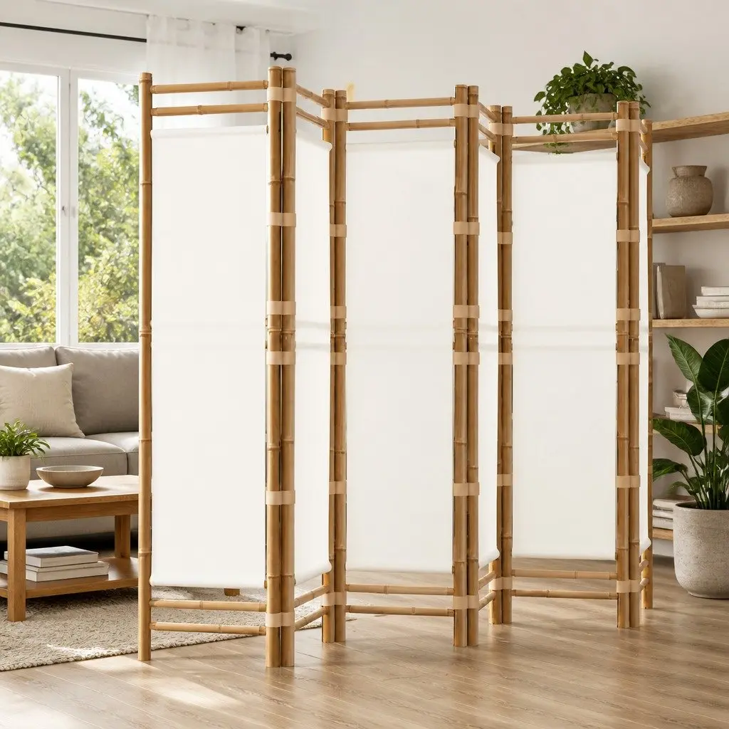 6-Panel Folding Room Divider with Bamboo Frame