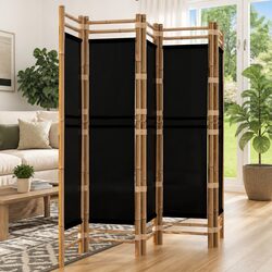 5-Panel Room Divider 200cm Folding Privacy Screen Bamboo Canvas Black