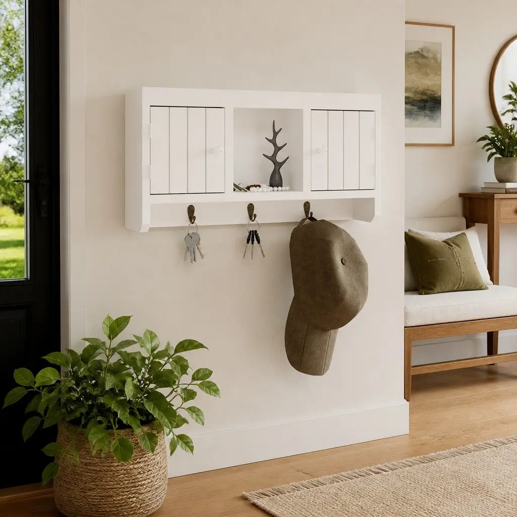 White Wall-Mounted Key Cabinet with Compartments and Hooks