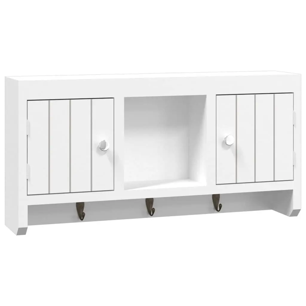 White Wall-Mounted Key Cabinet with Compartments and Hooks
