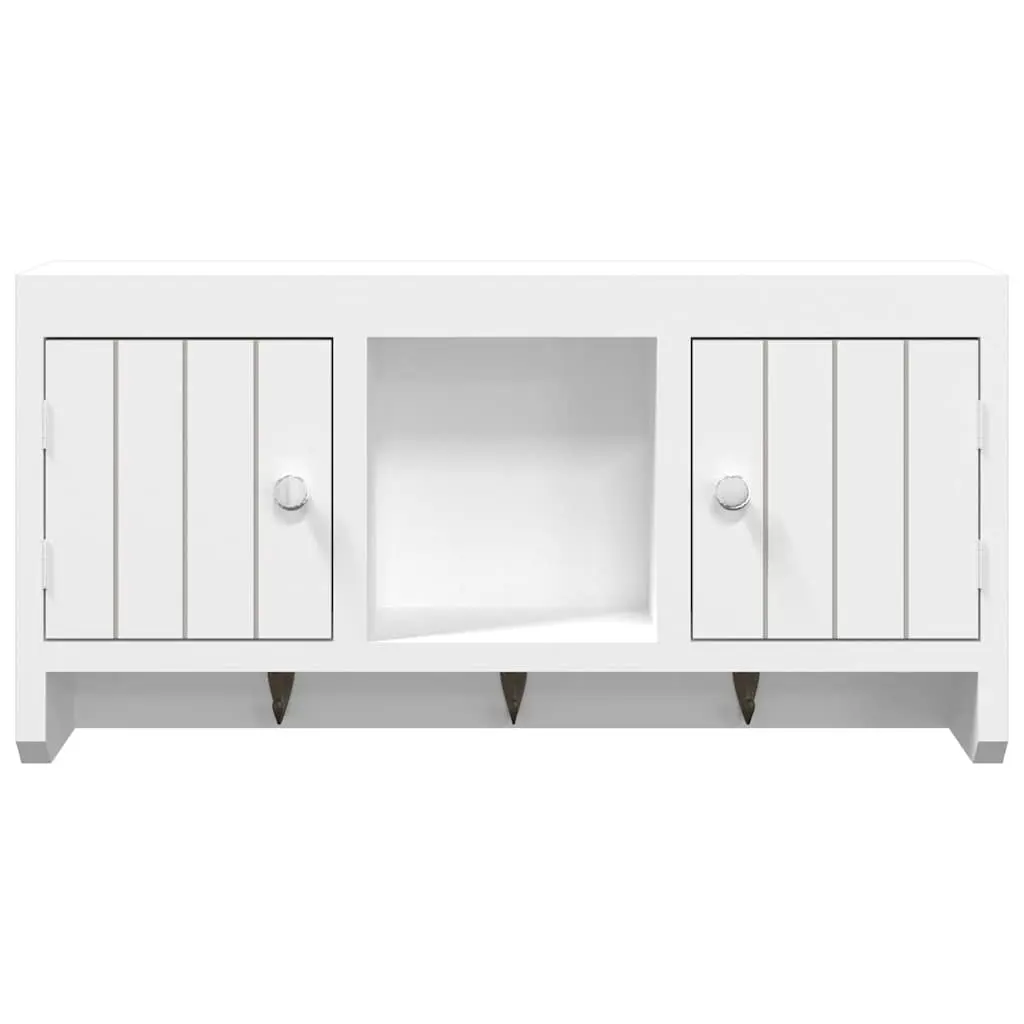 White Wall-Mounted Key Cabinet with Compartments and Hooks
