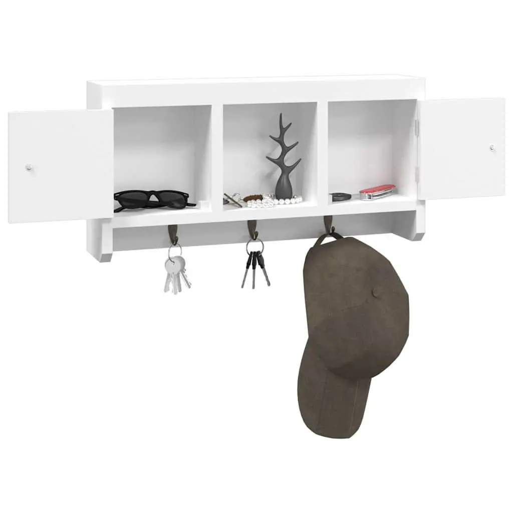 White Wall-Mounted Key Cabinet with Compartments and Hooks