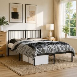 Sturdy Black Metal Bed Frame 135x190 cm with Headboard