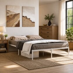 Sturdy White Metal Bed Frame 135x190 cm with Slats
