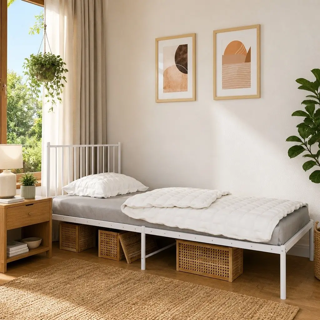 White Metal Bed Frame with Headboard 90x190 cm