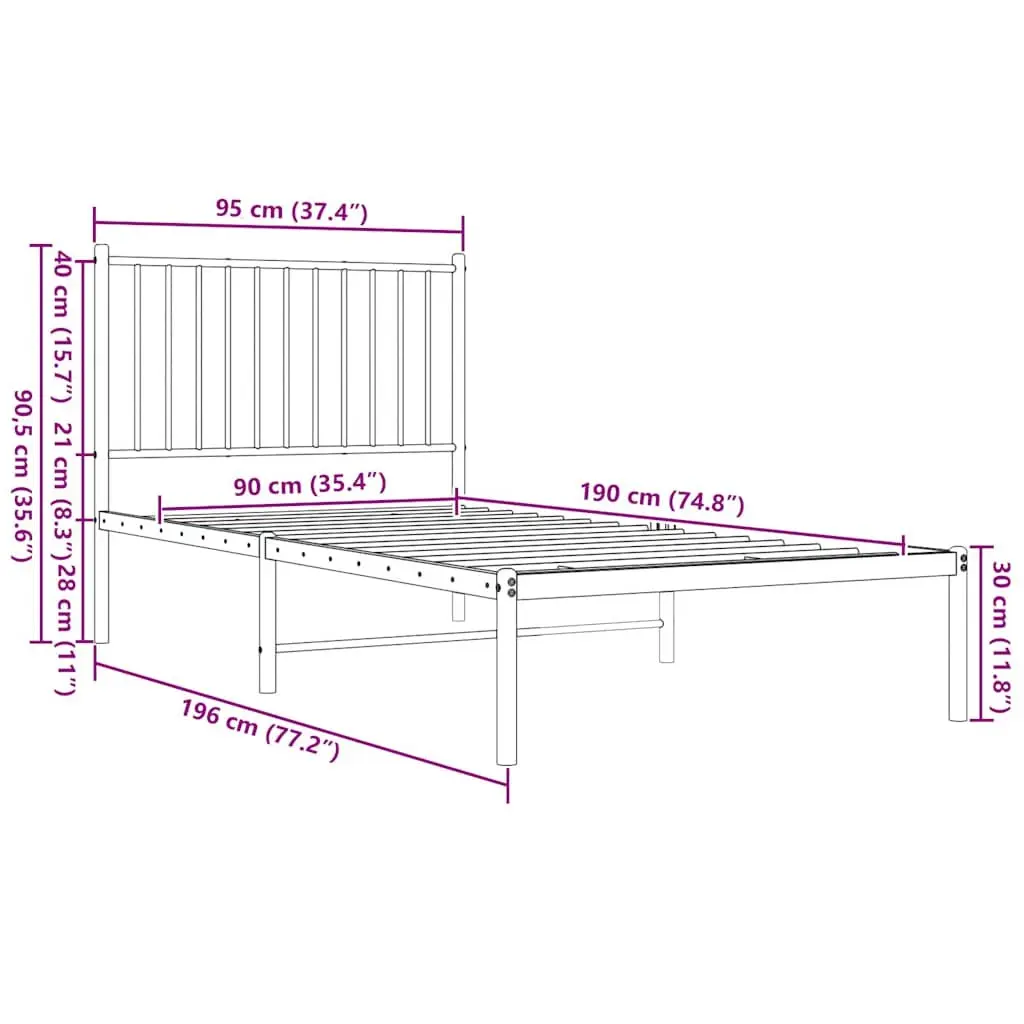 White Metal Bed Frame with Headboard 90x190 cm