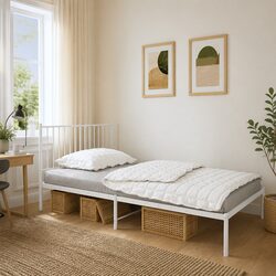 Metal Bed Frame King Single 107x203 cm Slatted Base Headboard White Bedroom
