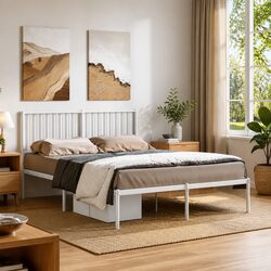 Sturdy White Metal Bed Frame with Headboard 135x190 cm