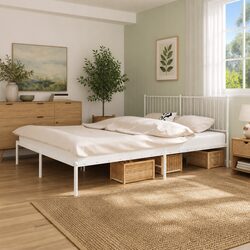 Sturdy King Size Metal Bed Frame with White Headboard