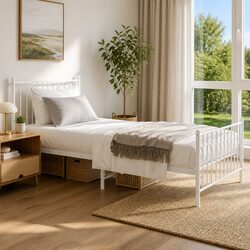 Sturdy White Metal Bed Frame 90x190 cm with Storage