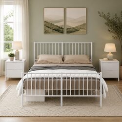 Sturdy Metal Bed Frame 135x190 cm in White with Footboard