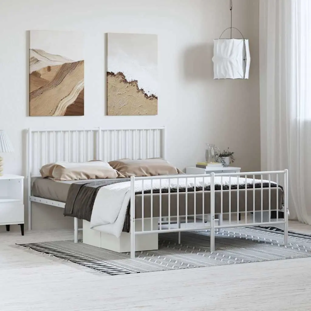 Metal Bed Frame 135x190 cm in White with Footboard