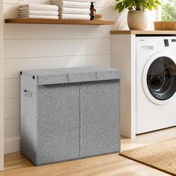 Foldable Laundry Hamper Grey 64.5x34.5x59cm 3-Section Storage Basket Side