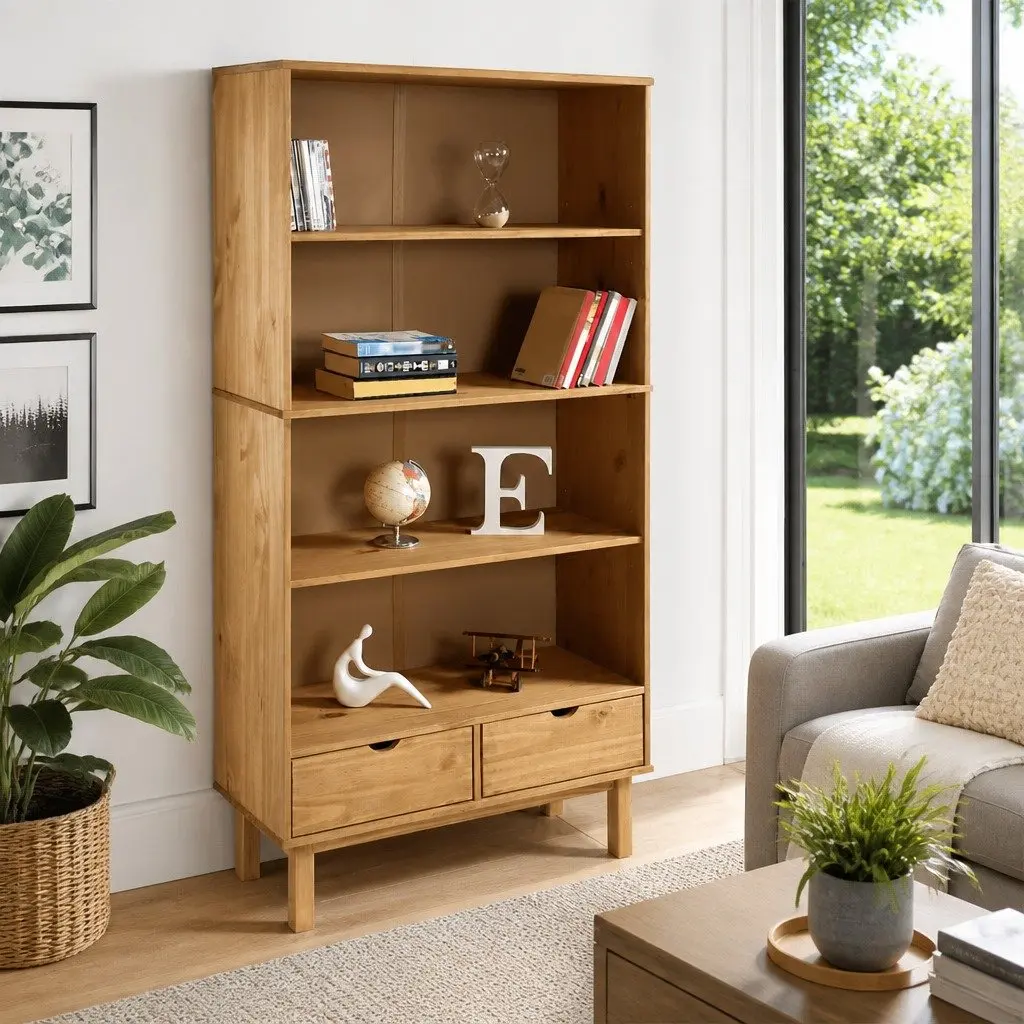 Brown Wooden Bookcase with 2 Drawers