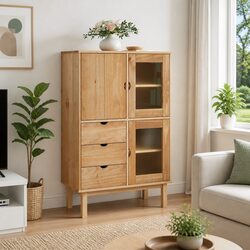 Solid Wood Pine Highboard with 3 Drawers 85x43x125cm