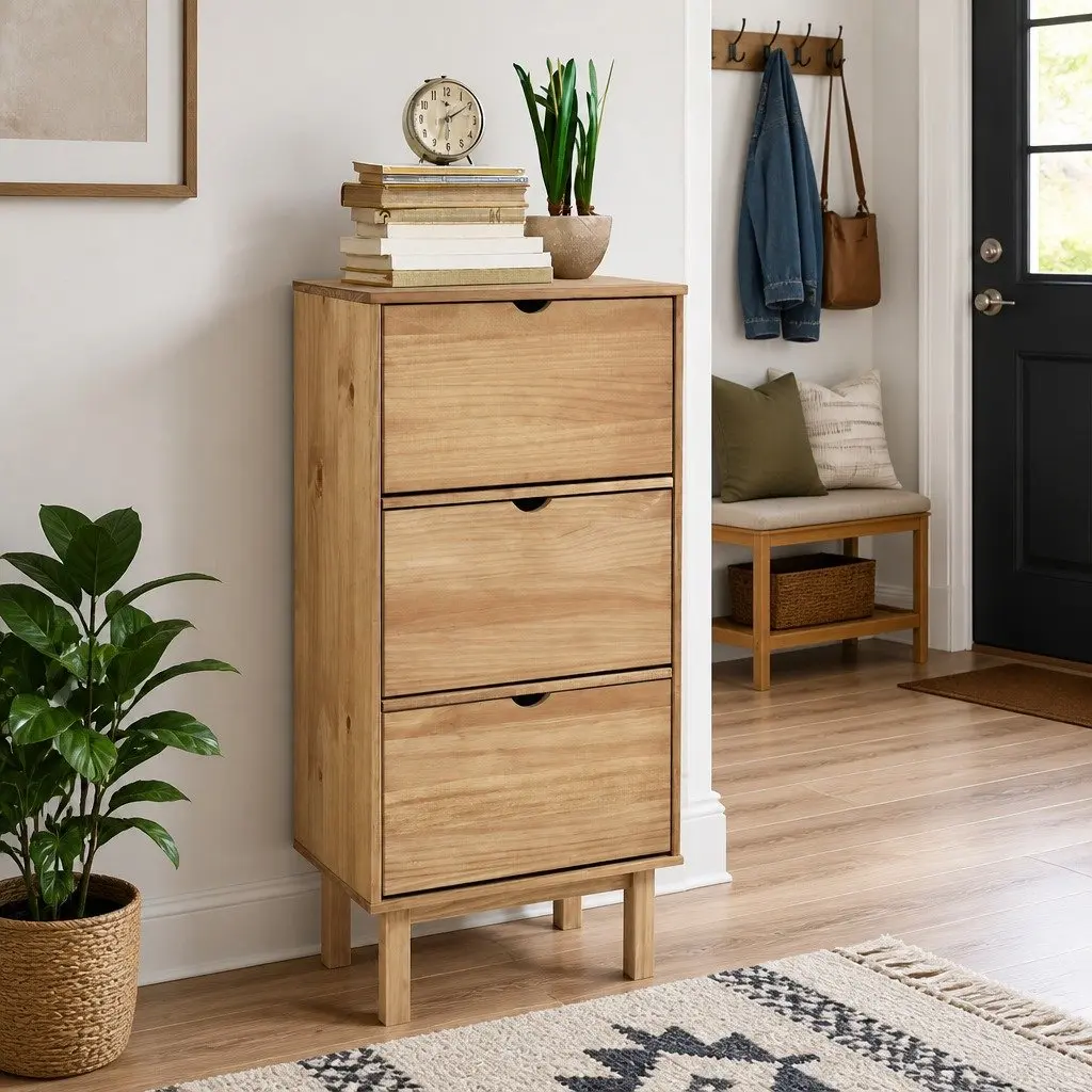 Brown Shoe Cabinet with 3 Flip-Drawers