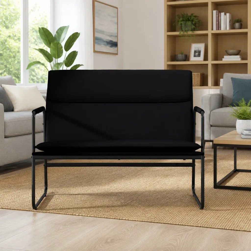 Black Faux Leather Upholstered Bench with Back Rest