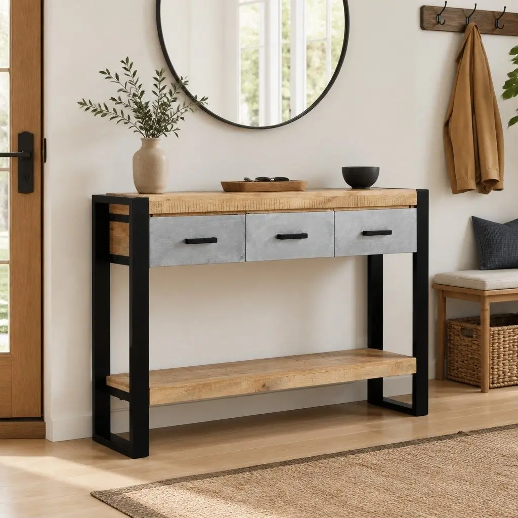 Solid Mango Wood Console Table with Drawers