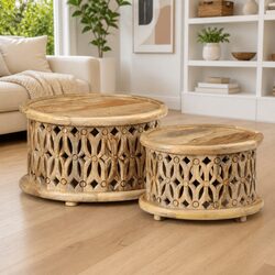 Sturdy Solid Wood Coffee Table Set in Brown
