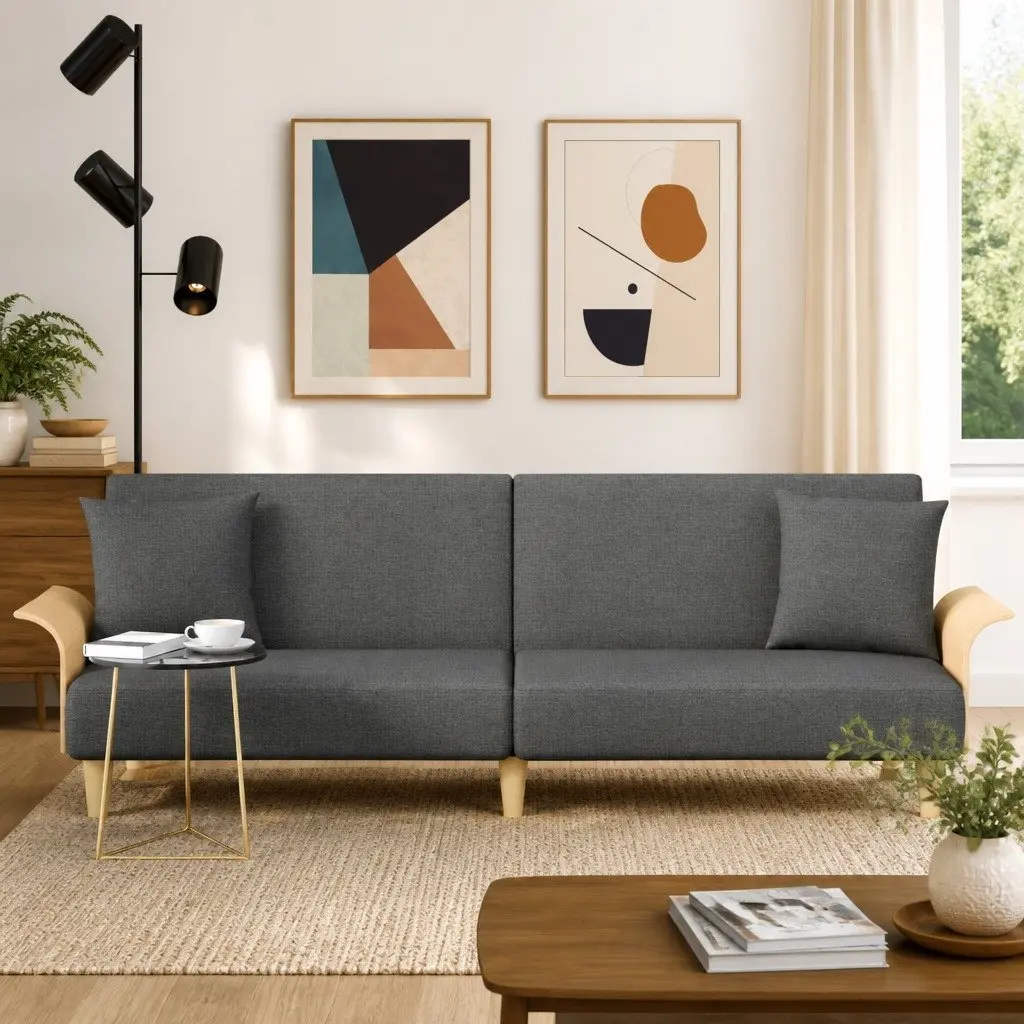 Grey Sofa Bed with Armrests and Adjustable Backrest