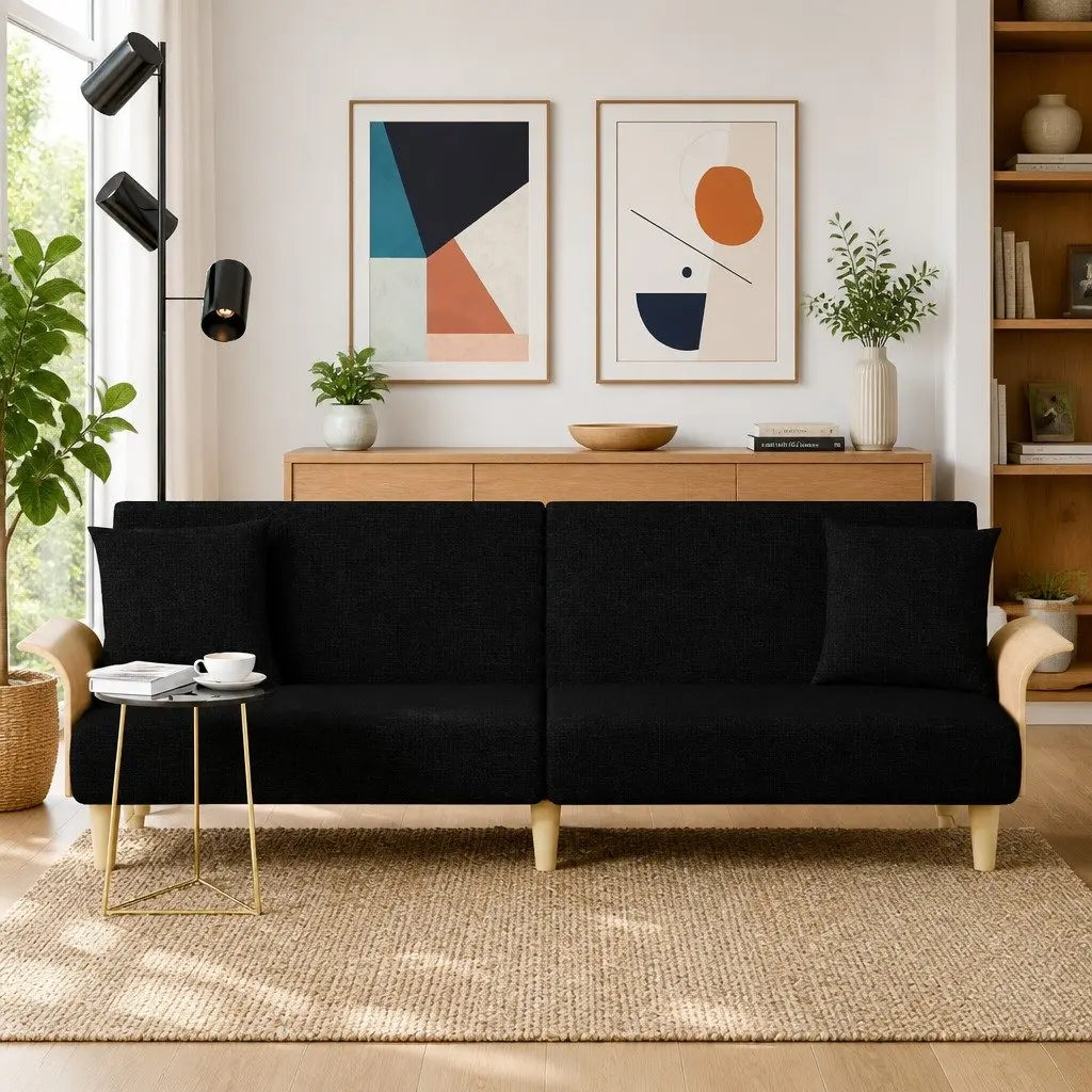 Adjustable Backrest Sofa Bed with Armrests in Black Fabric