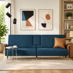 Blue Velvet Sofa Bed with USB Ports and Cup Holders