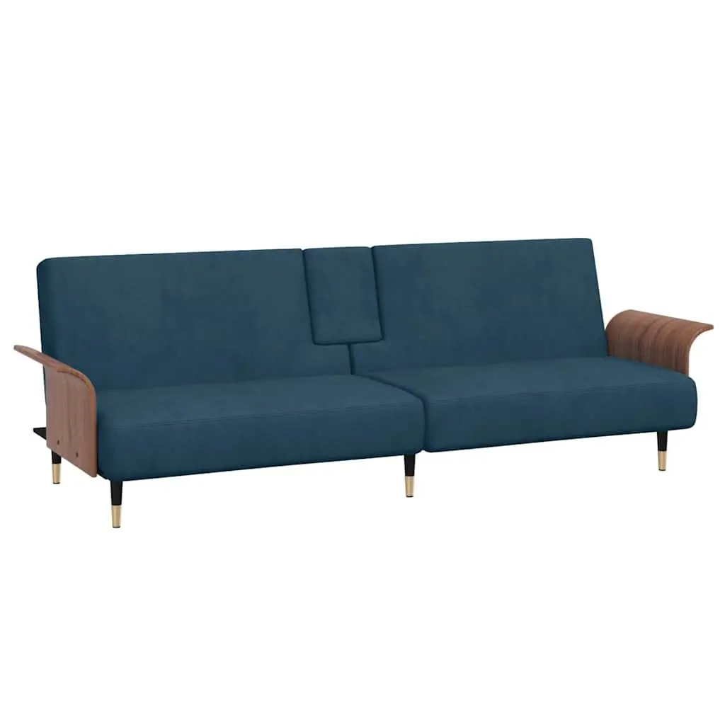 Sofa Bed Velvet Blue Adjustable Backrest Cup Holders USB Ports