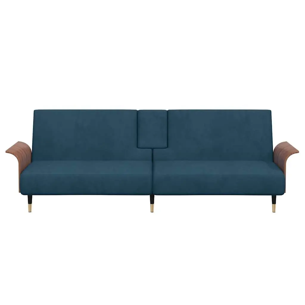 Sofa Bed Velvet Blue Adjustable Backrest Cup Holders USB Ports