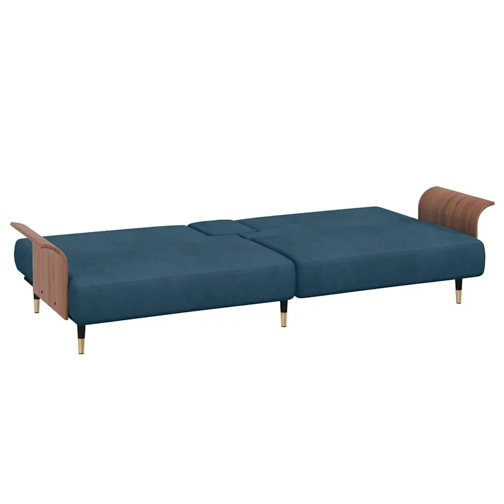 Sofa Bed Velvet Blue Adjustable Backrest Cup Holders USB Ports