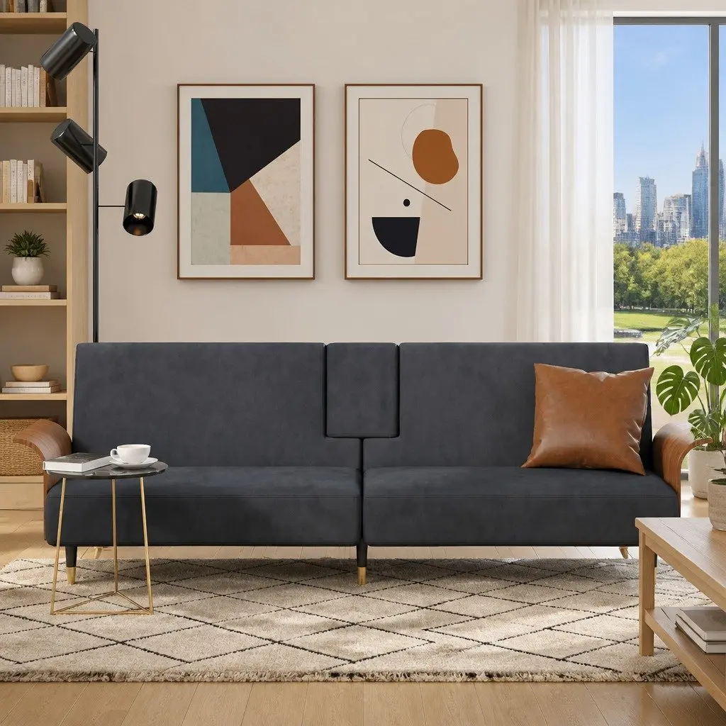 Sofa Bed with Adjustable Backrest and Cup Holders