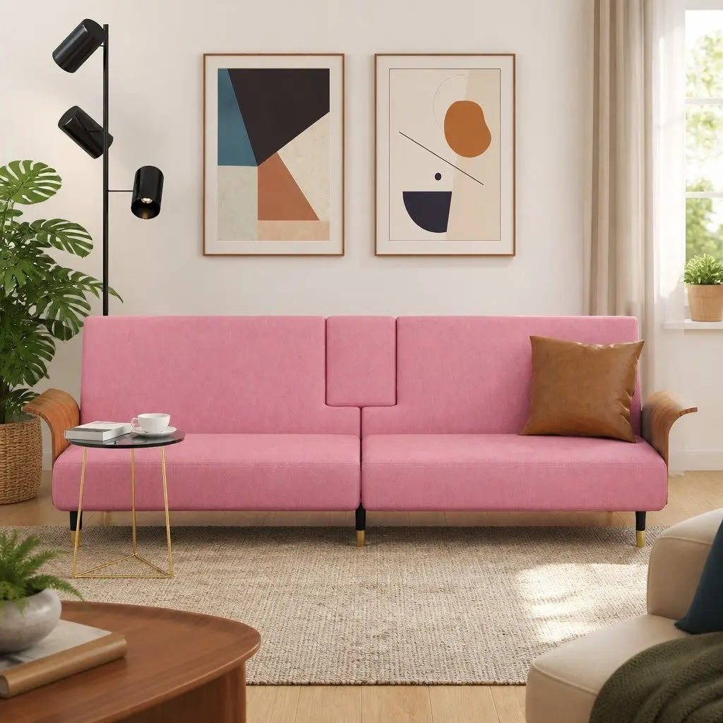 Pink Velvet Sofa Bed with Foldable Tea Table & USB Ports