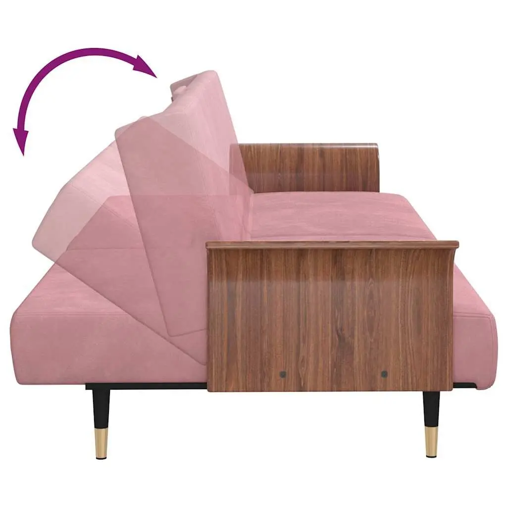 Pink Velvet Sofa Bed with Foldable Tea Table & USB Ports