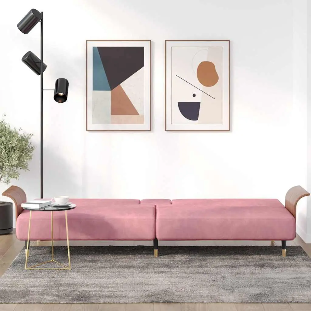 Pink Velvet Sofa Bed with Foldable Tea Table & USB Ports