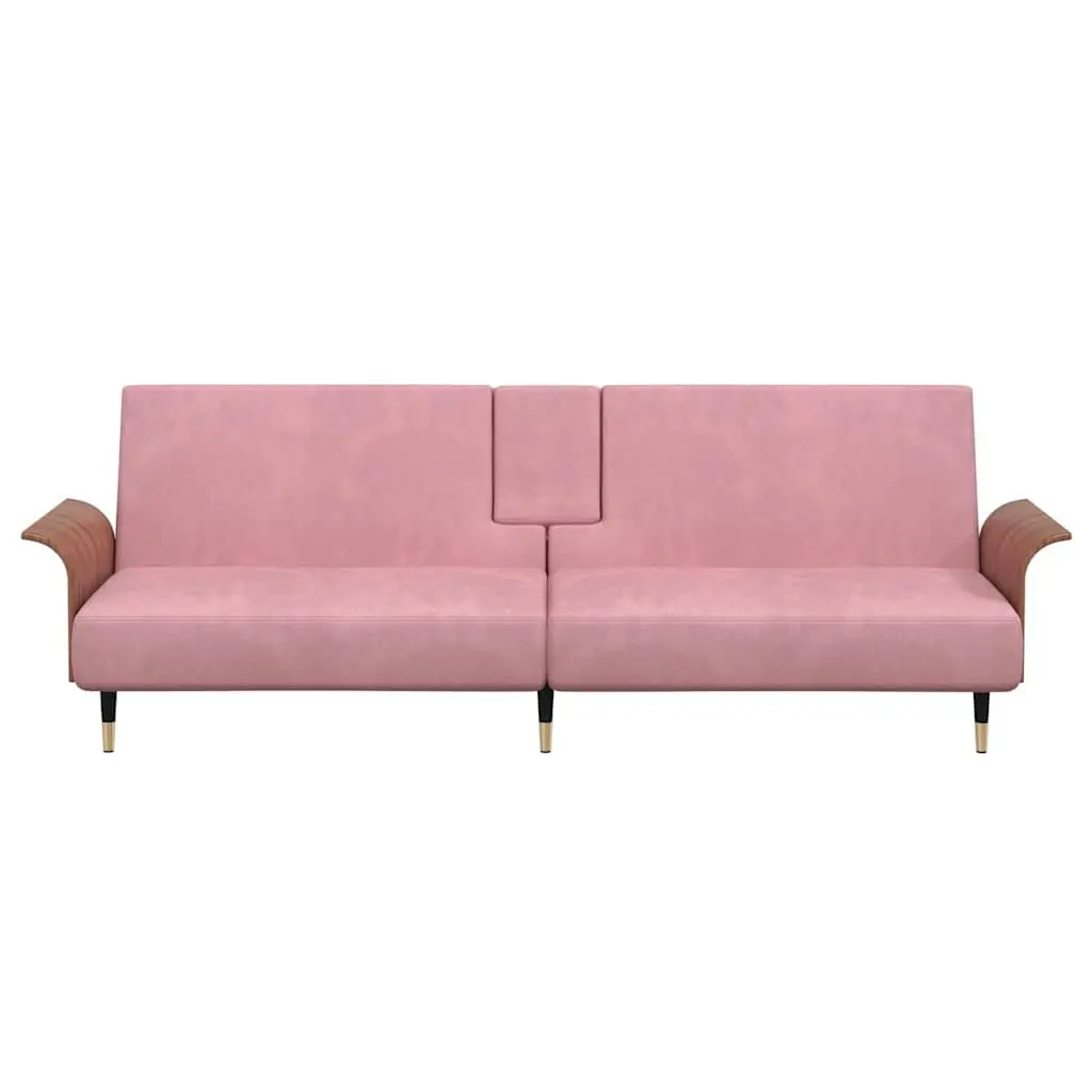 Pink Velvet Sofa Bed with Foldable Tea Table & USB Ports